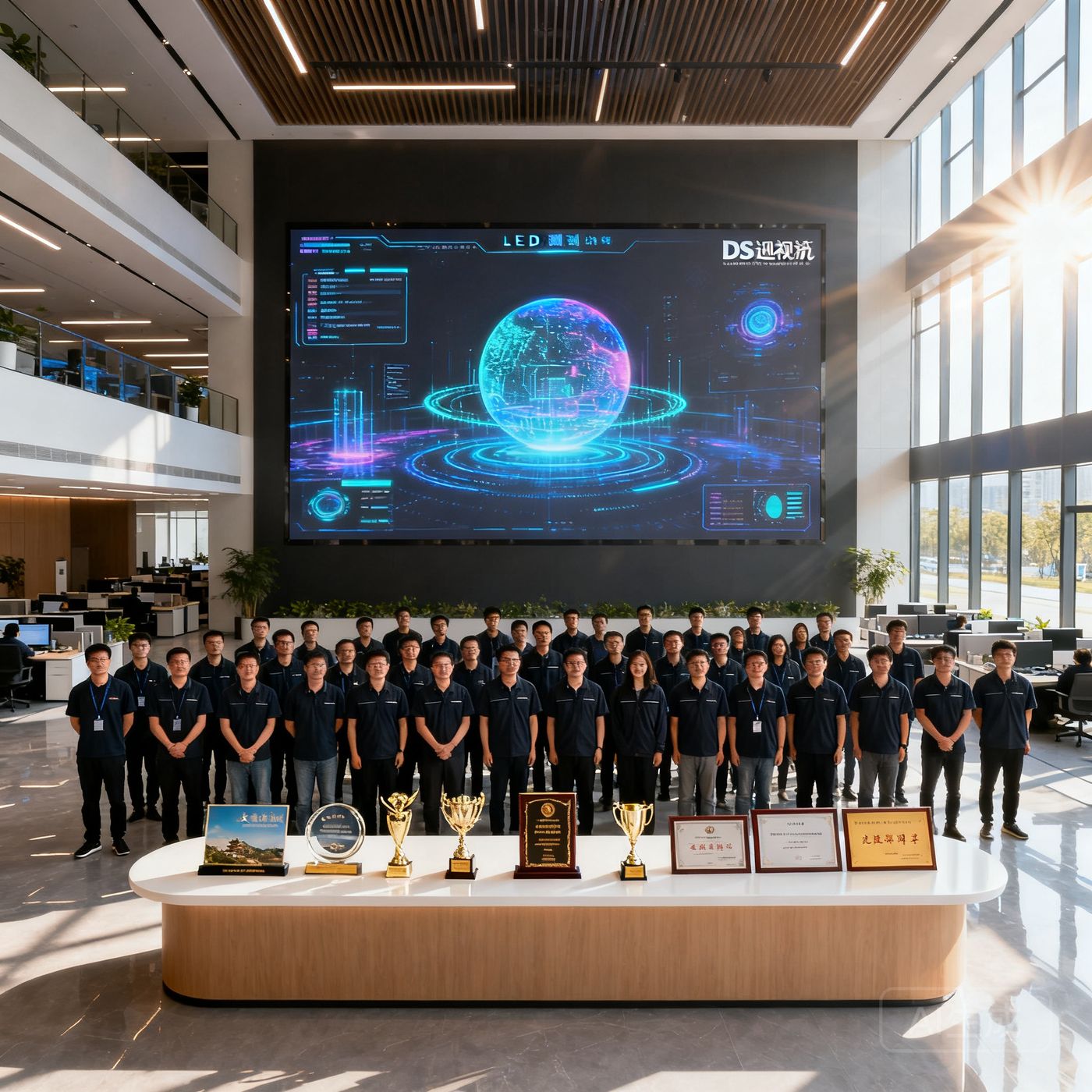 DS视讯杭州研发总部大厅内，128名团队成员身着统一深色工装，背景是一面巨大的LED测试墙展示着最新的全息投影画面，前台摆放着多个文旅项目奖杯和专利证书，阳光透过落地窗洒进开放办公区，环境现代而充满创意活力。