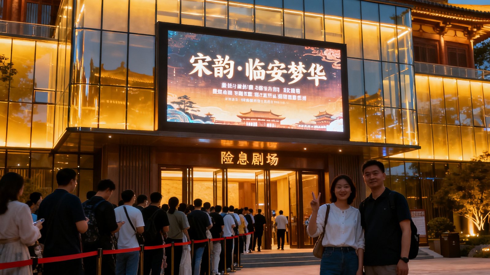 杭州宋城景区内DS视讯打造的全息剧场外景，入口处排起了长队，电子屏上显示着'宋韵·临安梦华'的演出信息，建筑外立面融合了宋代风格与现代玻璃幕墙，傍晚灯光亮起时格外引人注目，游客纷纷在门口合影留念。