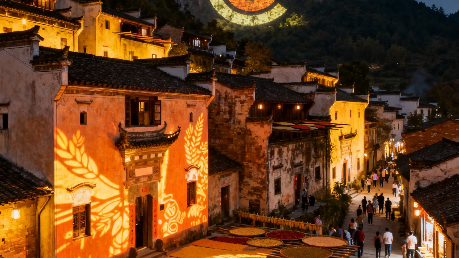 江西婺源篁岭古村的夜间全景，层层叠叠的徽派建筑外墙被暖色投影灯光照亮，晒秋平台上的农作物在光影中呈现出艺术化的视觉效果，古巷中游客络绎不绝，远处山腰上投射着巨大的光影 logo，整个古村在夜色中焕发出全新的生命力。