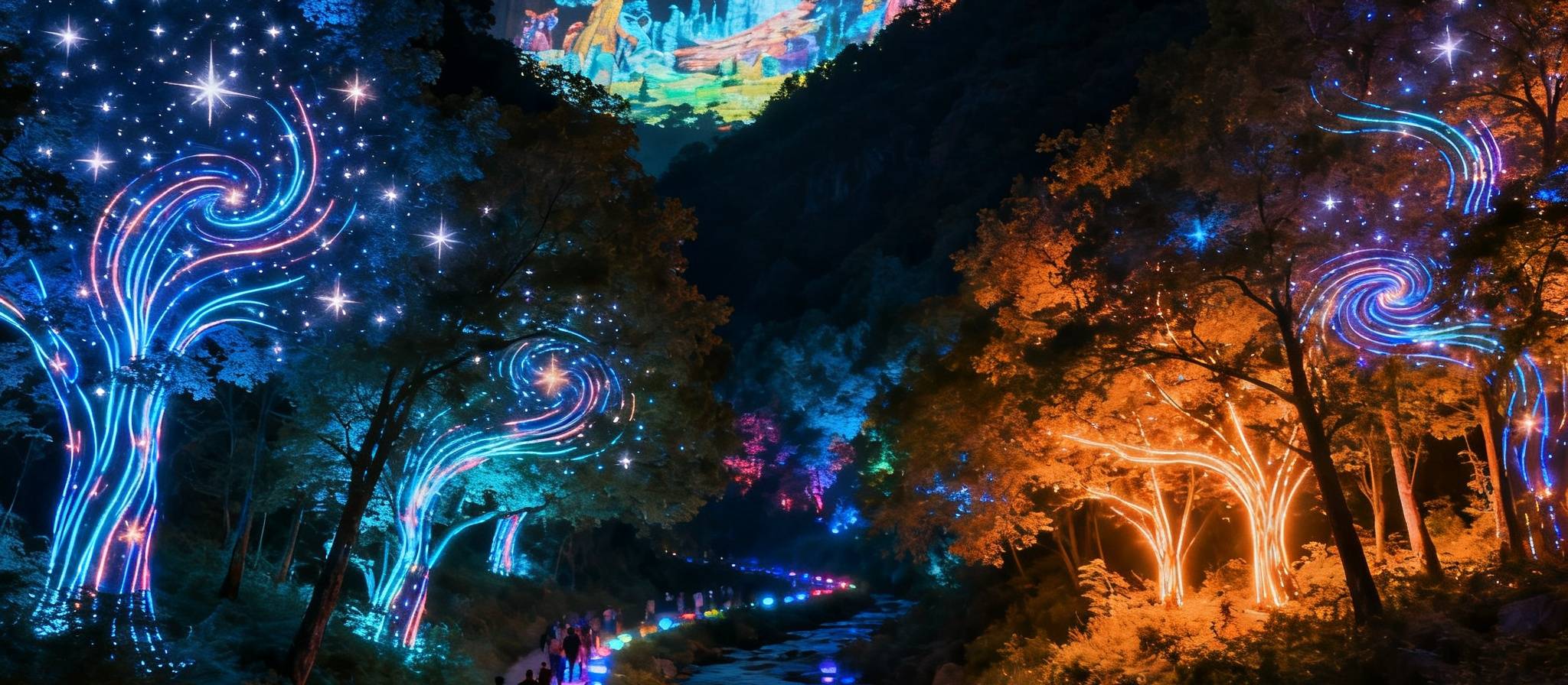 一片山地景区夜间全景，整座山谷被激光和投影灯光点亮，树木上投射着流动的星空图案，溪流边设置了感应光影装置，游客走过时触发色彩变幻，远处山体上呈现巨幅动态投影画面，宛如童话世界。